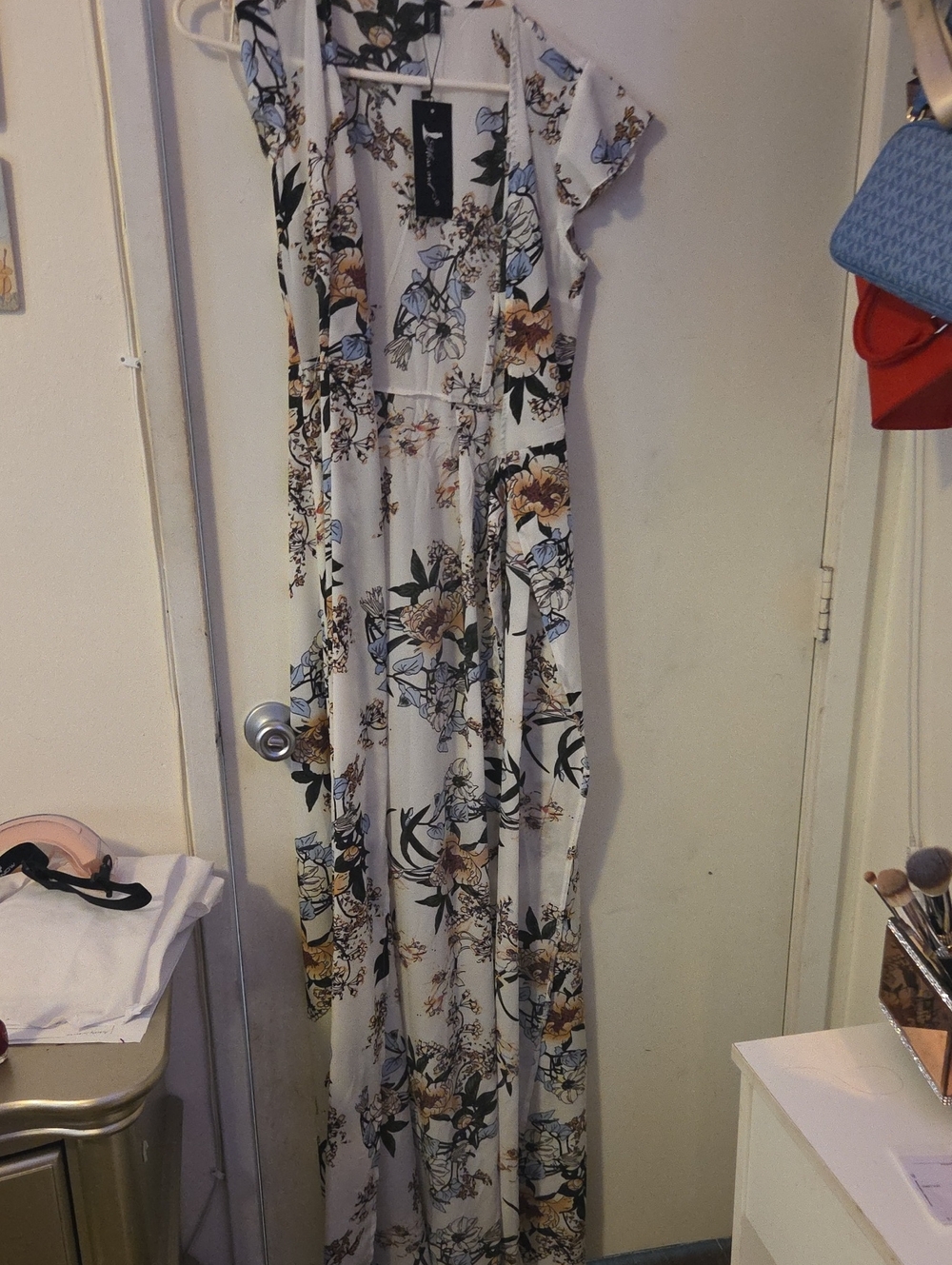 Floral White & Blue Women’s Swim Coverup Maxi